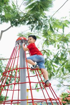 Little boy in cap climb on jungle gym at park