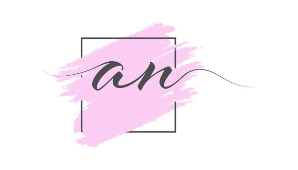 Calligraphic lowercase letters AN on a colored background in a frame