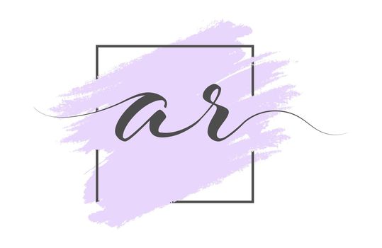 Calligraphic lowercase letters AR on a colored background in a frame