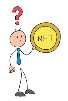 Stickman businessman character holding NFT coin and thoughtful about it, vector cartoon illustration