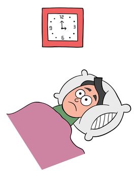 Cartoon man can't sleep and it's 3 am, vector illustration