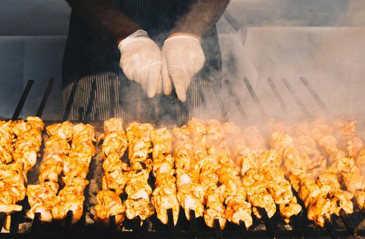 Chicken shashlyk being grilled