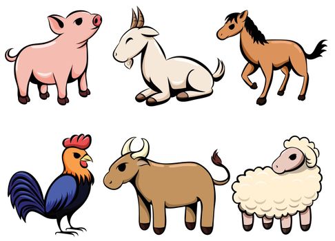 Set of six line art cartoon vector images of various farm animal There are pigs goats horses chickens cows and sheep