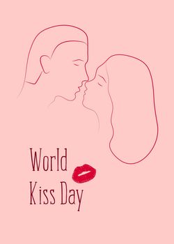World kiss day. Kissing loving couple. A man and a woman. Template for card, poster, flyer, print. Vector illustration.