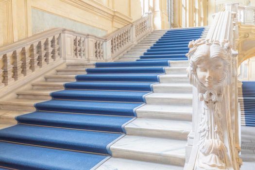The most beautiful Baroque staircase of Europe located in Madama Palace (Palazzo Madama), Turin, Italy. Interior with luxury marbles, windows and corridors. 