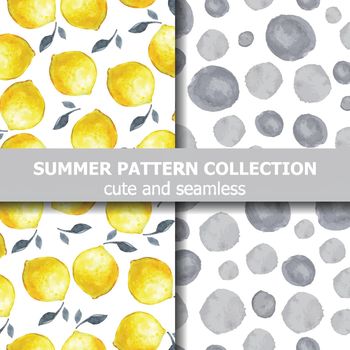 Tasty summer pattern collection with watercolor lemons and dots. Summer banner.