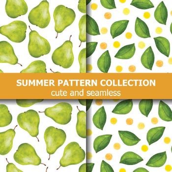 Delicious summer pattern collection with watercolor pears and dots. Summer banner.