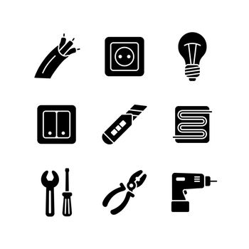Home repair, electric vector flat glyph icons set