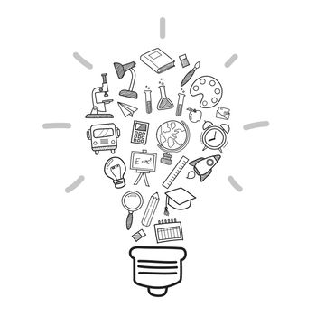 Education icons in Light bulb shape doodle style. Vector Illustration