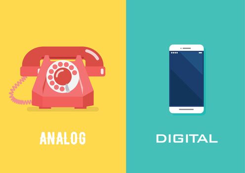 Retro telephone in analog age and smartphone in digital age