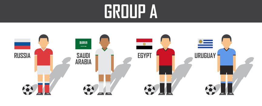 Soccer cup 2018 team group A . Football players with jersey uniform and national flags . Vector for international world championship tournament .