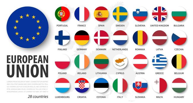 European union . EU and membership flags . Flat circle element design . White isolated background and europe map . Vector .