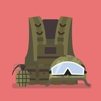 Military helmet vest and hand grenade