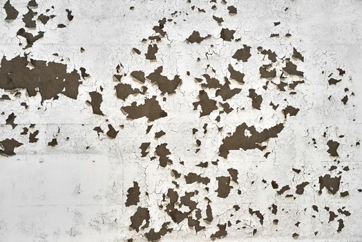 White paint peels and cracks off of a plaster wall in large pieces