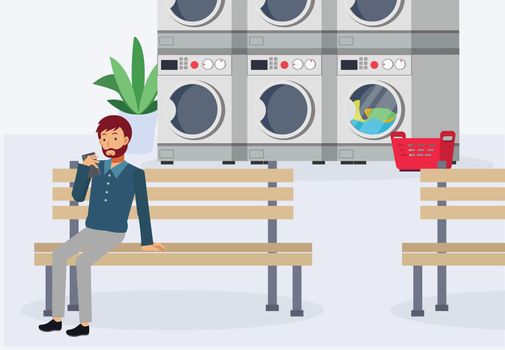 A man sitting on bench and use his smartphone while waiting his garments in coin laundry shop.Flat vector cartoon character illustration