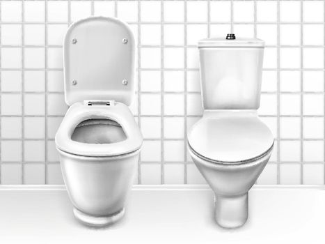 Toilet with seat, white ceramic lavatory bowls