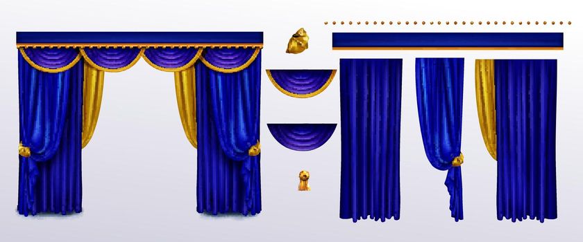 Realistic curtains set, blue cloth with gold ties