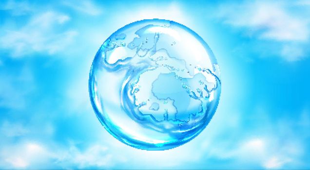 Water splashing sphere on blue sky background