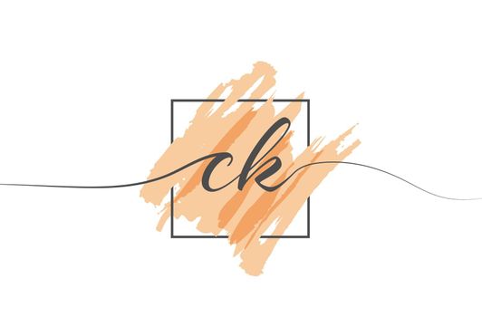 Calligraphic lowercase letters CK in a single line on a colored background in a frame
