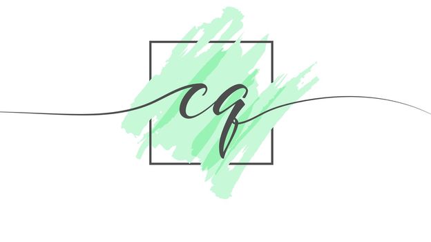 Calligraphic lowercase letters CQ in a single line on a colored background in a frame
