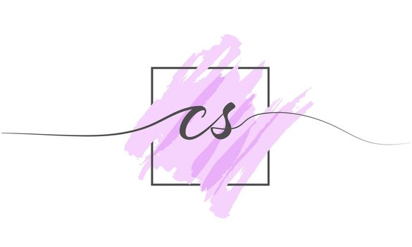 Calligraphic lowercase letters CS in a single line on a colored background in a frame