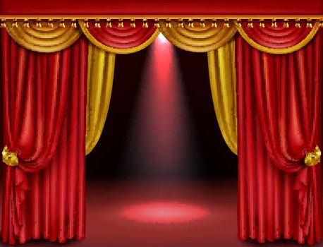 Theater stage with red and gold curtains