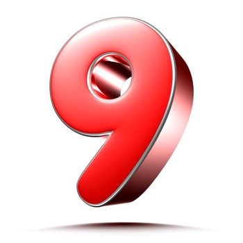 Red numbers 9 on white background 3D rendering with clipping path.