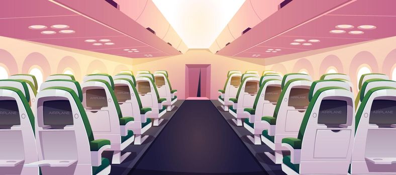 Empty airplane cabin with chairs, digital screens