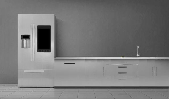 Kitchen interior smart fridge and sink on tabletop