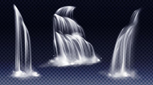 Set of waterfalls with cascade, splash and fog