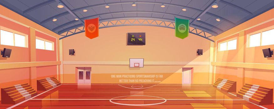 Basketball court with hoop, tribune and scoreboard