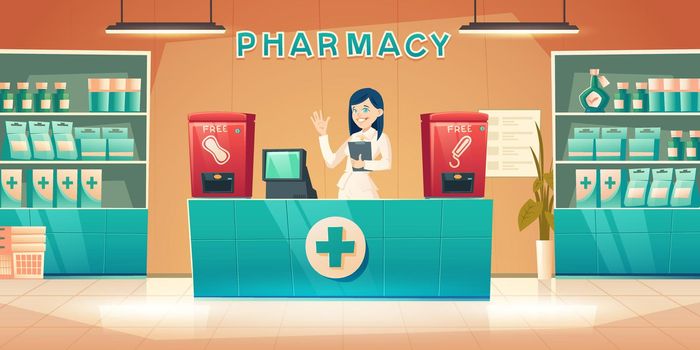 Pharmacy with pharmacist woman at counter desk