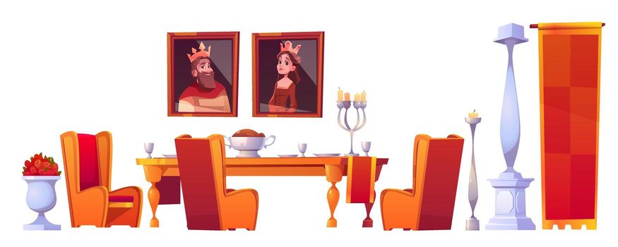 Feast table with food in castle dining room set