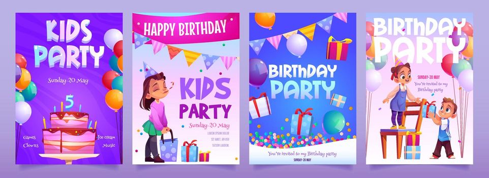 Kids birthday party invitation cartoon banners