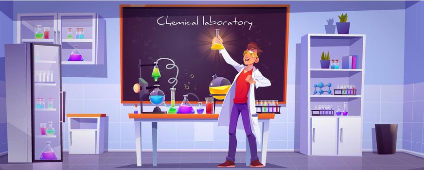 Chemist with flask in scientific laboratory