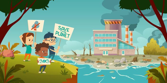 Eco protest, kids with save planet banners strike
