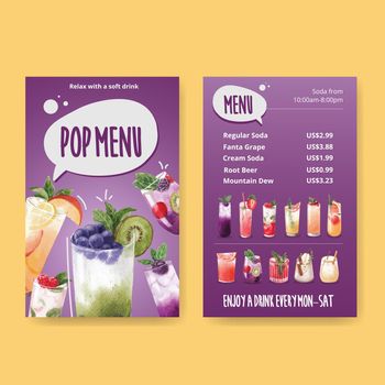 Soda drink menu leaflet and brochure watercolor vector illustration