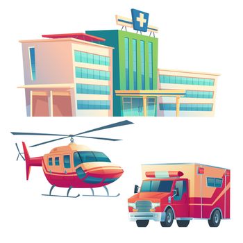 Hospital building, ambulance car and helicopter