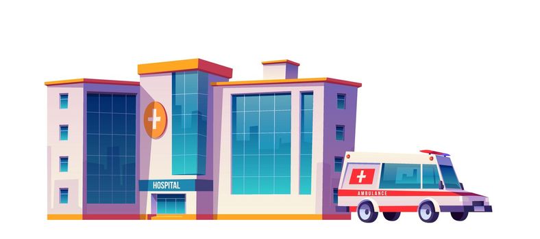 Hospital building and ambulance car