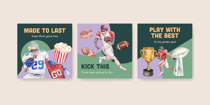 Advertise template with super bowl sport concept design for marketing watercolor vector illustration.