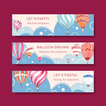 Banner template with balloon fiesta concept design for marketing and advertise watercolor vector illustration