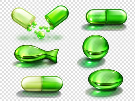 Green capsule with vitamin, collagen or medicine