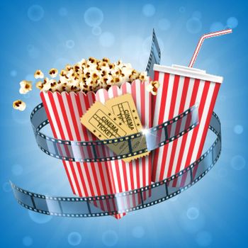 Cinema popcorn, soda drink, tickets and film strip