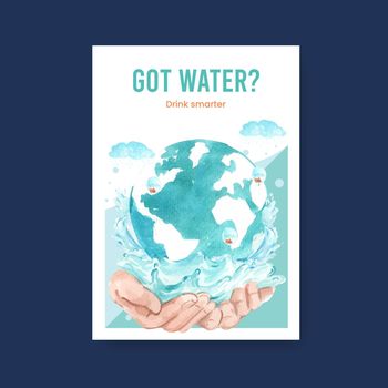 Poster template with world water day concept design for advertise and marketing watercolor vector illustration
