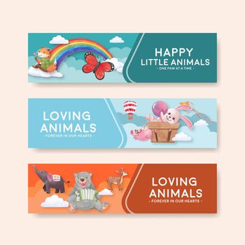  Banner template with happy animals concept design watercolor illustration
