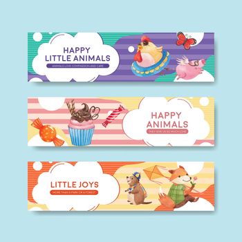  Banner template with happy animals concept design watercolor illustration
