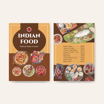 Menu template with Indian food concept design for restaurant and bistro watercolor illustraton