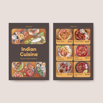 Menu template with Indian food concept design for restaurant and bistro watercolor illustraton