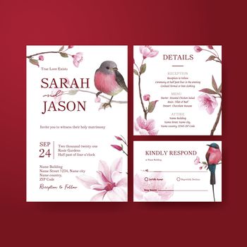 Wedding card template with blossom bird concept design watercolor illustration