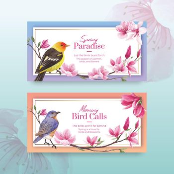Twitter template with blossom bird concept design watercolor illustration